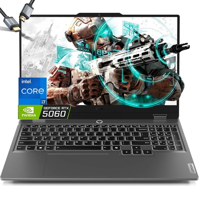 lenovo loq 15 gaming laptop rtx 5060 - intel core i7-13650hx beat amd ryzen 9 7940hs - pantalla fhd de 15.6 pulgadas - 32gb de ram - 2tb ssd - teclado retroiluminado - interruptor mux - windows 11 - vista frontal de laptop gris Lenovo LOQ 15 con pantalla FHD de 15.6" mostrando escena de juego; teclado retroiluminado blanco con teclado numérico, gran touchpad, biseles delgados, webcam en el bisel superior y puertos HDMI/USB-C visibles; pantalla 144Hz con MUX, RTX 5060, 32GB DDR5 y SSD PCIe de 2TB, adecuada también como estación portátil para creación de contenido.