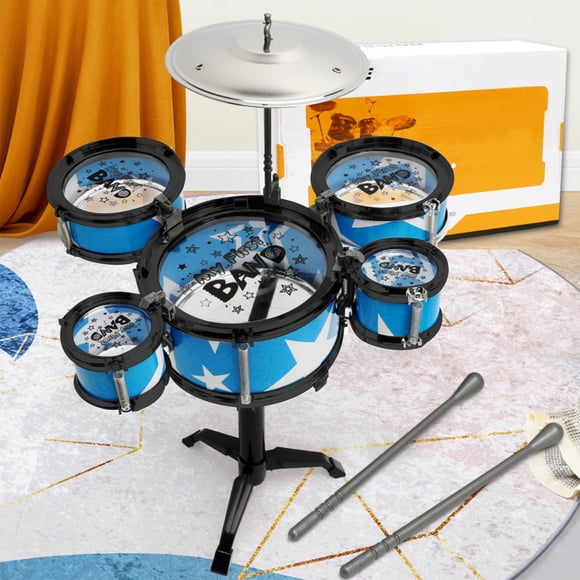 Batería infantil Blue Kids de 5 piezas | Minibatería de jazz con taburete y baquetas | Instrumento de percusión para educación temprana de 3 a 10 años | Juguete musical para interior y exterior