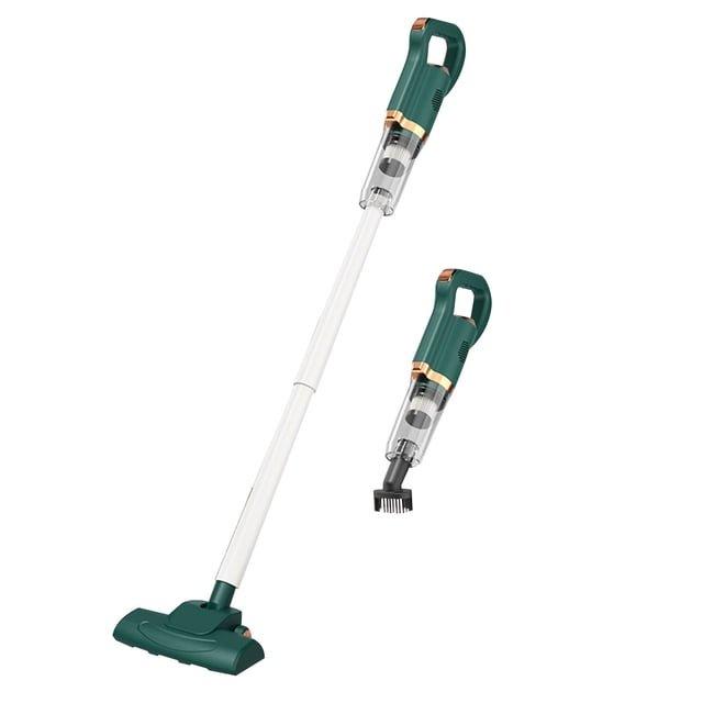 aspiradoras para el hogar, aspiradora de mano de alta potencia, inalámbrica, para coche GN — cuerpo inalámbrico verde con acentos cobre y depósito transparente, mostrado con varilla extensible y cepillo de piso y en modo portátil con boquilla de cepillo; se ven cabezales intercambiables y filtro; fondo blanco; ideal para limpieza puntual en interiores de autos y espacios reducidos.