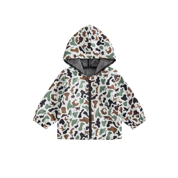 Chaqueta infantil con bolsillos, estampado de camuflaje, cierre de cremallera frontal, capucha y manga larga.