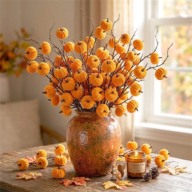 Calabaza de terciopelo sintético con ramas y bayas: decoración artificial de otoño para el hogar, ideal para la repisa de la chimenea, la mesa o como centro de mesa festivo.