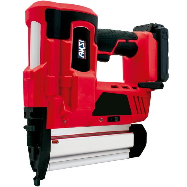 clavadora inalámbrica aksi 20v 2 ah switch profesional rojo. Vista 3/4 frontal que muestra cuerpo ergonómico con empuñadura de goma negra, batería 20 V 2 Ah y cargador acoplado en la parte trasera, riel metálico para grapas, ajuste de profundidad regulable e indicador de carga visible; ideal para carpintería y usada frecuentemente en tapicería ligera.
