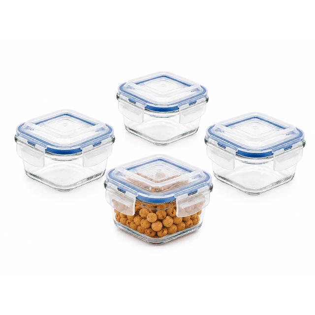 Set 4 Contenedor Hermético De Vidrio Borosilicato Cuadrado Chico 320 Ml