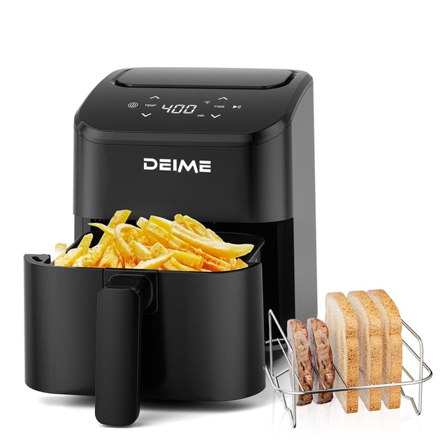 freidora digital air fryer deime de 3 litros que ahorra espacio con rejilla para tostadas Freidora DEIME negra, vista frontal 3/4 con cesta cuadrada extraíble llena de papas fritas, panel táctil digital mostrando 400°F y estante metálico para tostadas al lado; diseño compacto para 1-2 personas y piezas antiadherentes aptas para lavavajillas.