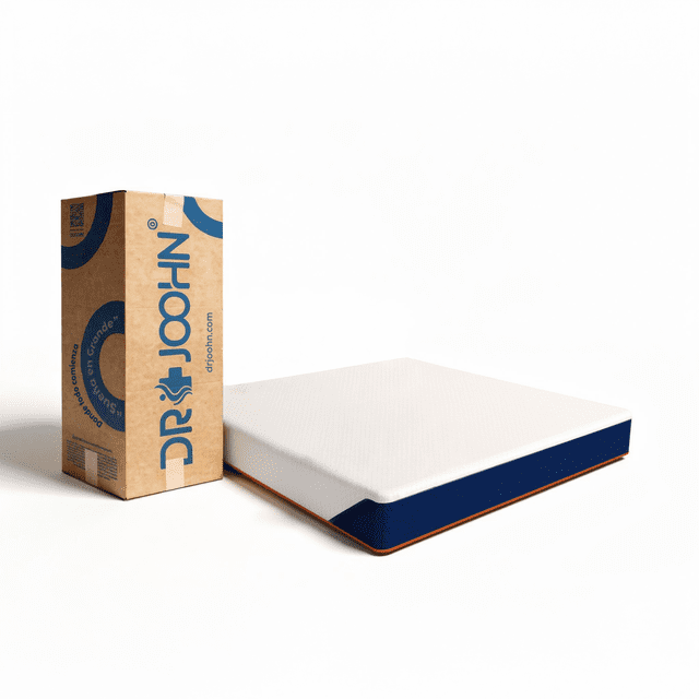 colchón matrimonial en caja dr joohn basic de 18 cm, foam semi firme para todas las edades — colchón blanco 190x135x18 cm con funda extraíble de algodón y poliéster, espuma de alta densidad que brinda soporte corporal y postura adecuada, vista frontal a 3/4 junto a caja compactada al alto vacío con marca DR JOOHN; también indicado para cuarto de huéspedes o departamentos pequeños.