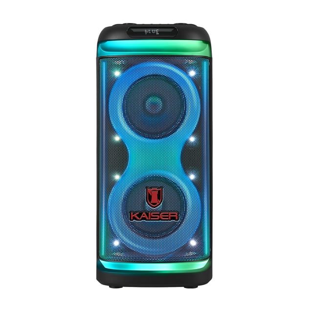 bocina bluetooth kaiser ksf-8024 2 x 8 pulgadas 70 w rms con luz led multicolor. Vista frontal centrada de torre con dos drivers circulares detrás de rejilla, luces LED azules y verdes, logo Kaiser en la base y pantalla LED superior con controles de reproducción y Bluetooth; funciones de grabación, prioridad de micrófono y perillas para volumen, graves, agudos, eco de micrófono y volumen de guitarra; adecuada para eventos y karaoke.