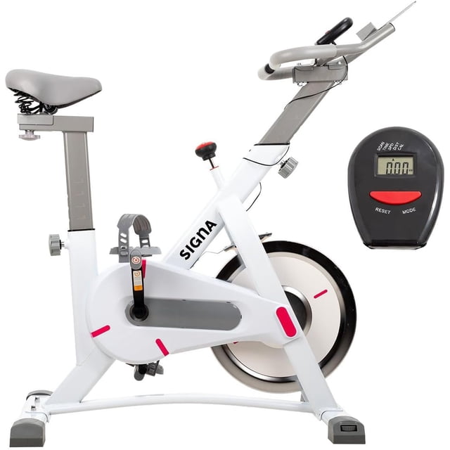 bicicleta de ejercicio fitness con monitor bici fija de spinning con soporte para celular bicicleta estática magnética bicicleta de ciclismo interior ideal para casa o gym de bajo ruido Plata. Vista 3/4 frontal de la bicicleta SELECTSHOP con cuadro en A, asiento ajustable con muelles, manubrio con soporte para celular, perilla de resistencia magnética y pedales con correas; volante de inercia cubierto y monitor digital independiente; adecuada también como opción compacta de cardio para espacios pequeños.