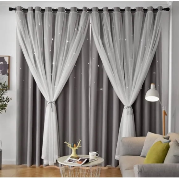 Cortina Blackout De 2 Panel Con Estrellas De 132x213cm Modelo Gris