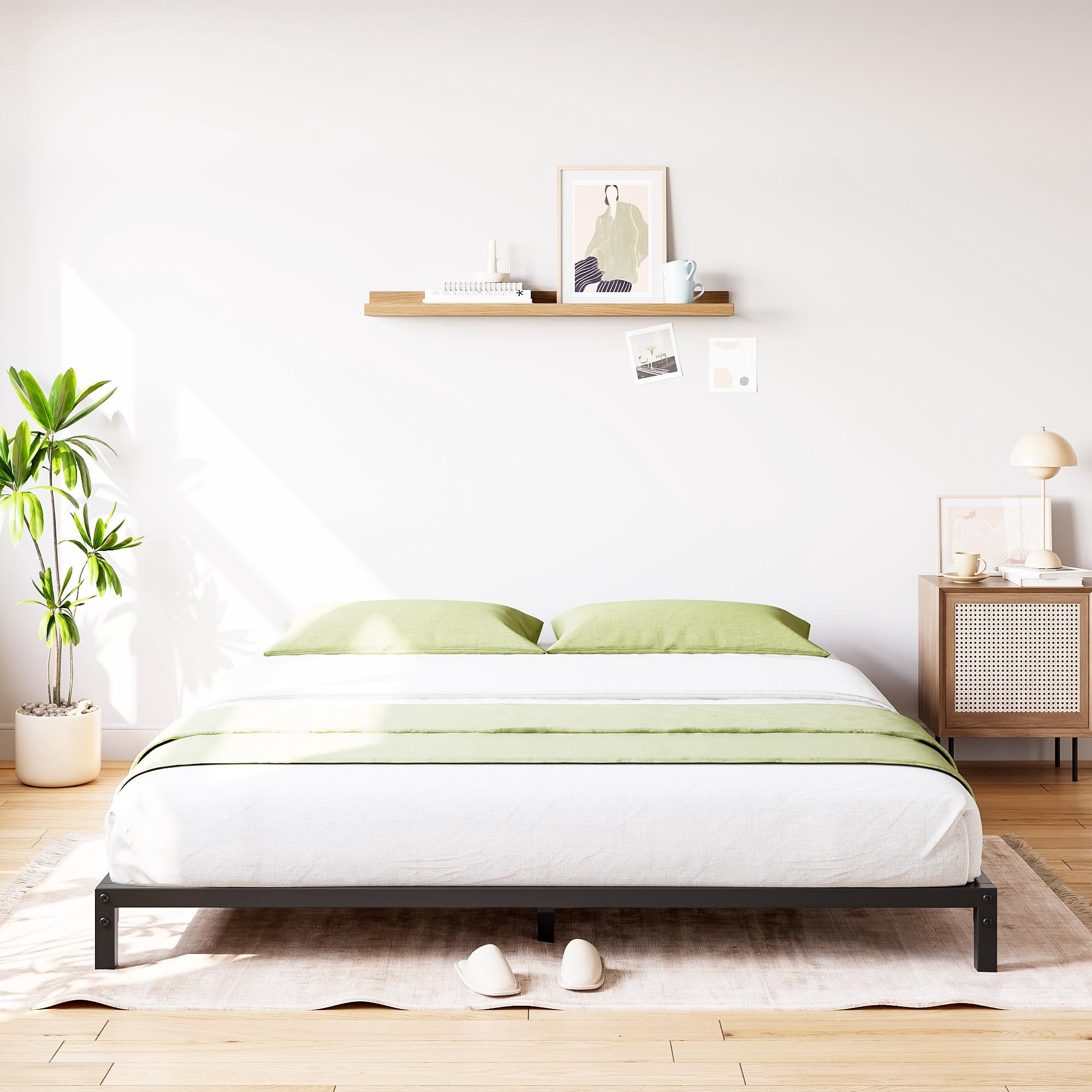 Cama Queen Metálica Plataforma – 6 Pulgadas, Base Resistente, Sin Somier, Soporta 1000 lbs, Antideslizante, Silenciosa, Montaje Fácil, Almacenaje Inferior, Negro – 6INCH QUEEN