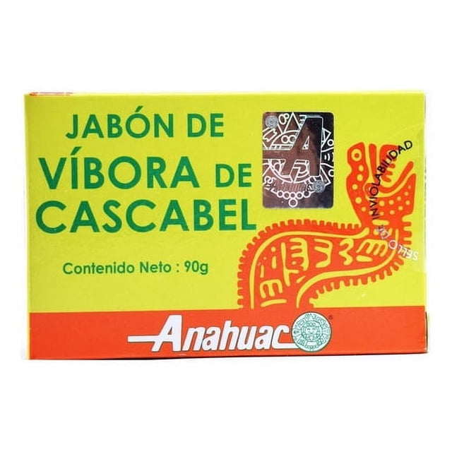 jabon de vibora de cascabel 90 g-anahuac caja amarilla de 90 g con texto verde, franja naranja con logo Anahuac, ilustración estilizada de víbora y sello holográfico; adecuado como jabón corporal.