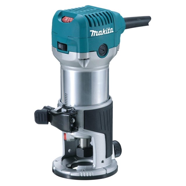 recortadora makita rt0700c herramienta eléctrica turquesa, vista frontal centrada de fresadora de mano con carcasa y base en aluminio; cuerpo cilíndrico con dial de control de velocidad, bloqueo del eje, perilla y sistema de cremallera para ajuste y bloqueo de la altura de corte, base circular desmontable y empuñadura trasera; suele usarse para molduras y ranurados finos.