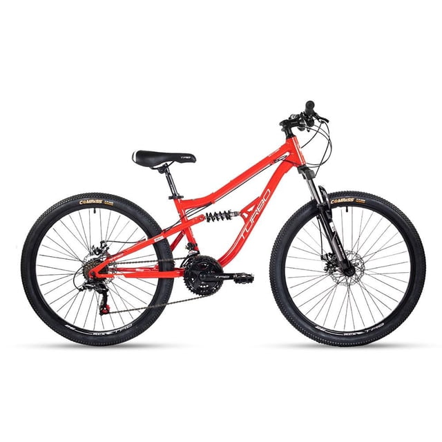 bicicleta turbo r26 sx 6 1 rojo Bicicleta rodada 26 con cuadro de aluminio rojo, suspensión trasera coil y horquilla SHOXTECH frontal, 21 velocidades con cambio Shimano Tourney y desviador Shimano, frenos de disco mecánicos, sillín negro y manubrio recto; adecuada para ciclismo de montaña ligero y paseos urbanos.