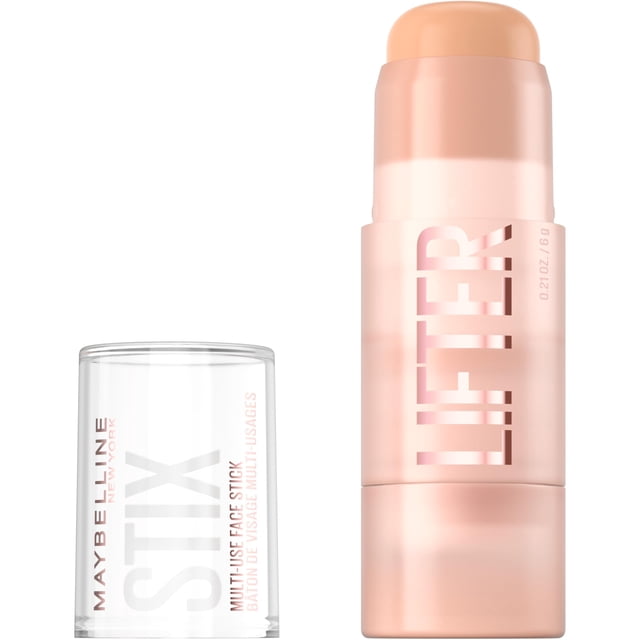 barra de maquillaje maybelline lifter stix contour bronzer 15 ml barra facial multiusos en envase cilíndrico rosa perlado con tapa translúcida a la izquierda; barra cremosa en tono bronce cálido sobresale y muestra el texto vertical 'LIFTER' en el cuerpo del envase. A menudo usado como contorno o bronzer y adecuado también como corrector cremoso.