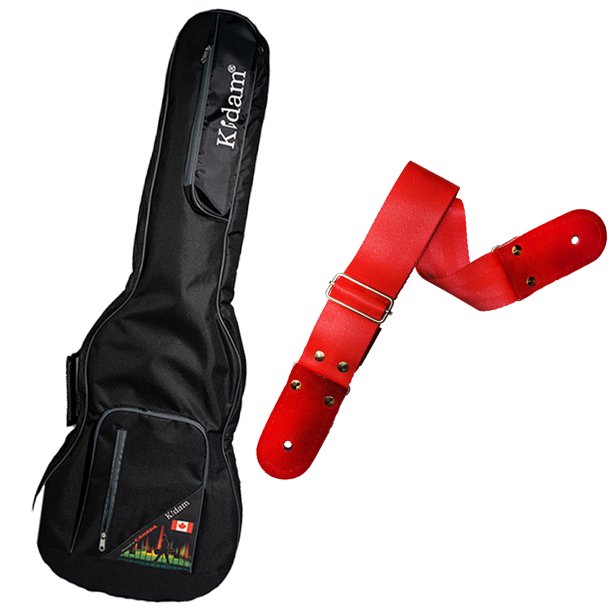 PAQUETE Estuche para Bajo Electrico Funda para bajo electrico Gig bag, bajo case para trasporte y protección, color negro bordes grises + Tahali strap correa bajo cinturon seguridad rojo