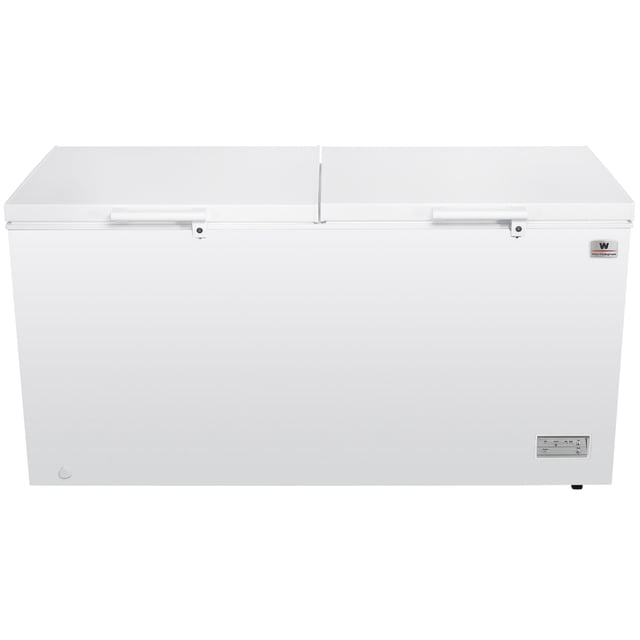 white westinghouse congelador 18 pies 508 l acero blanco 2 puertas control dual de temperatura condensador interno canastilla interior manija exterior cerradura con llave luz interior ruedas. Vista frontal centrada de congelador horizontal blanco de dos tapas con manijas exteriores y cerraduras visibles, placa con logo White‑Westinghouse en el frente y ruedas en la base; capacidad de 508 litros y función dual de temperatura, también apto para organizar y trasladar alimentos en eventos o catering.