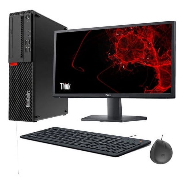 pc lenovo thinkcentre m715s amd a6, 8 gb ram, 256 gb ssd, monitor de 20" (reacondicionado) equipo reacondicionado Lenovo con torre negra M715s vertical junto a monitor de 20" frontal, teclado y mouse negros; torre con puertos frontales y rejilla perforada visible, pantalla muestra gráfico rojo; enviado en caja genérica con papel burbuja y el monitor o accesorios pueden ser genéricos; suele usarse para tareas de oficina y uso general.
