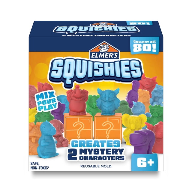 kit de actividades Elmer's Squishies DIY Squishy Toy con 2 personajes caja frontal multicolor con logotipo Elmer's; vista frontal centrada que muestra moldes reutilizables naranjas con signos de interrogación, múltiples figuras squishy en tonos azul, morado, rojo, verde y amarillo, texto en la caja que indica crea 2 personajes misteriosos y edad 6+. Menciones de mezclar y verter visibles y nota "color y personaje pueden variar". A menudo usado como set de colección para exhibir las figuras pequeñas.