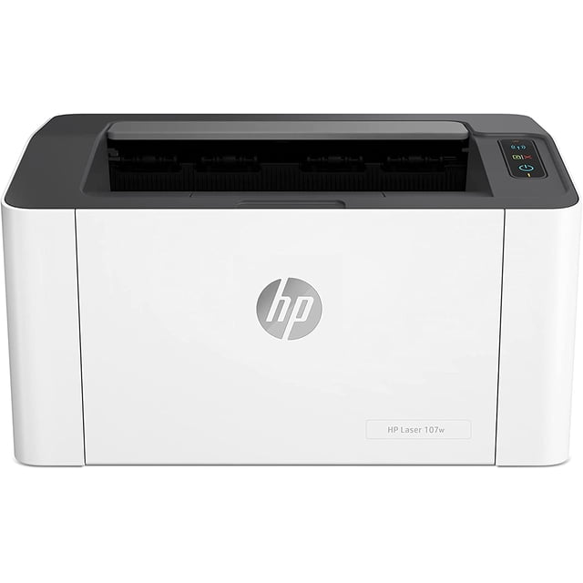 impresora hp 107w laserjet blanco y negro wifi usb Vista frontal centrada de la impresora láser HP 107w en blanco, carcasa rectangular compacta con logo HP en el centro y bandeja de salida superior negra; especificada para impresión monocromo, impresión manual a doble cara, varias páginas por hoja, compaginado y marcas de agua; capacidad inalámbrica Wi Fi y conexión USB según especificaciones; adecuada para uso doméstico y tareas de oficina ligera.