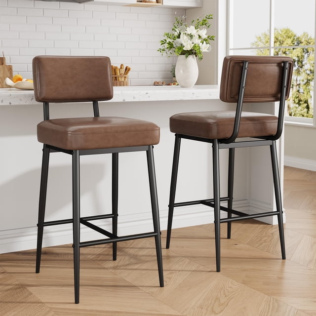 QinaQin Set de 2 bancos para barra de 26 pulgadas, sillas modernas tapizadas en piel sintética con respaldo y patas de metal, ideales para isla de cocina o barra