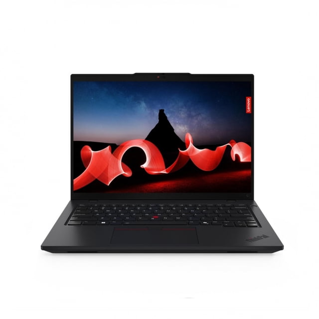 laptop lenovo thinkpad l14 gen 5, 14" 1920x1200 WUXGA, AMD Ryzen 5 7535U, 32GB, 1TB SSD, Windows 11 Pro, español — vista frontal centrada de portátil negra abierta con pantalla 14" mostrando fondo gráfico, teclado con TrackPoint rojo y touchpad amplio, logotipo ThinkPad en la esquina; laptop empresarial para productividad y suele usarse también para edición de video ligera.