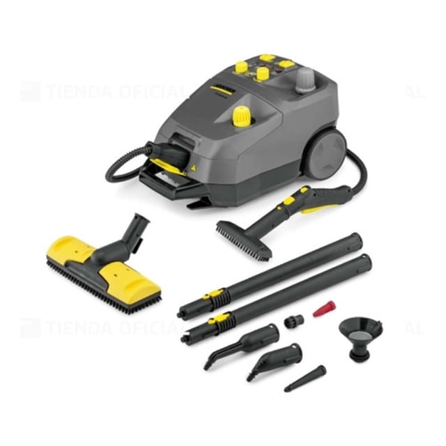 limpiadora de vapor karcher profesional sg 4/4 con refill gris, vista 3/4 frontal con unidad rodante, manguera y pistola manual, cepillo de piso amarillo, dos tubos de extensión negros, boquillas pequeñas y embudo; depósito 4 l, 2300 W, 4 bar y cable 7.5 m. También suele usarse para limpieza profunda de tapicerías pequeñas.