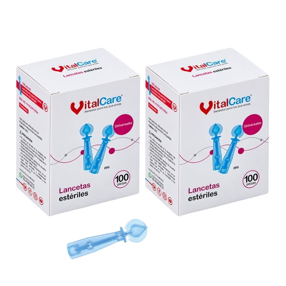 200 Lancetas Universales VitalCare 28G | Estériles y Desechables | 2 Cajas de 100 Piezas