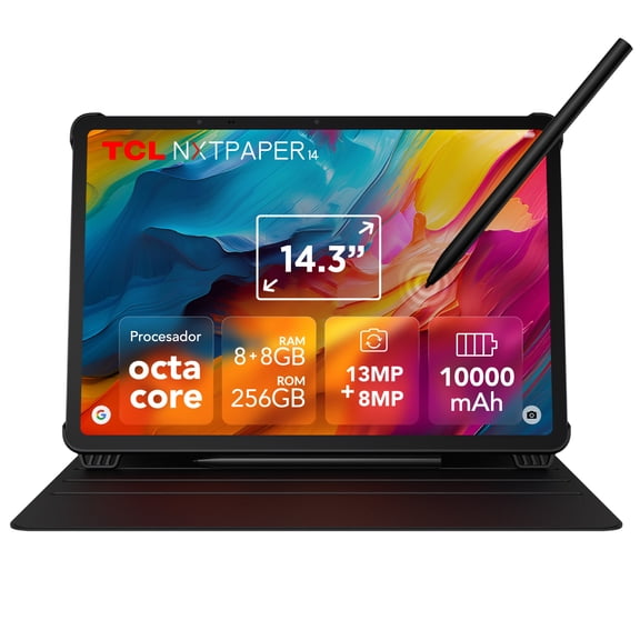 Tablet TCL NXTPAPER 14, Incluye T-Pen y Flip Cover, Pantalla Antirreflejo 14.25” 2.4K con 3 Modos de Pantalla, Cámara Dual Frontal 13+5MP, Carga Rápida e Inversa, 8GB RAM + 8GB RAM Virtual, 256GB