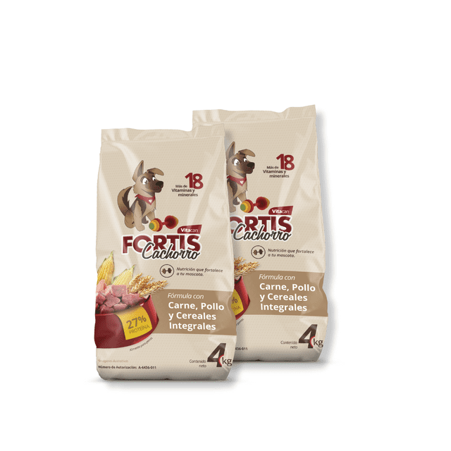 alimento para perro vitacan fortis 2 sacos de 4 kg paquete 3/4 frontal con ilustración de perro; texto visible indica fórmula con carne, pollo y cereales integrales, proteína mínima 27% y más de 18 vitaminas y minerales, para todas las razas; a menudo usado para alimentar perros adultos con necesidad de pelaje y heces firmes.