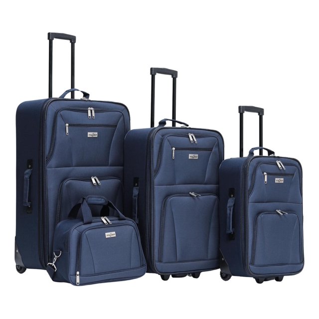 set viaje 3 maletas 20, 24, 28 in tela expandibles y neceser azul grande Set de viaje azul con tres maletas de tela 20 pulgadas, 24 pulgadas y 28 pulgadas y neceser a juego, vista frontal con tiradores telescópicos extendidos, ruedas giratorias, bolsillos frontales y cremalleras plateadas; expandibles para más espacio, capacidades: 20" 10 kg, 24" 20 kg, 28" 25 kg; adecuado también para organizar ropa de temporada.