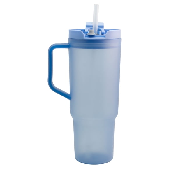 Termo de Plástico con Tapa Doble y Popote, Vaso Alto Reutilizable con Asa Ergonómica, Capacidad 1.2 Litros, Color Azul