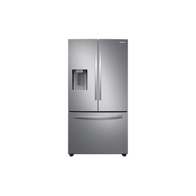 refrigerador samsung inverter despachador 27 pies french door Plata. Vista frontal centrada de frigorífico French door con dos puertas superiores y cajón congelador inferior; dispensador de agua y fábrica de hielo en la puerta izquierda, tiradores verticales de acero y acabado metálico liso. Capacidad de 27 pies cúbicos y funciones Power Cool y Power Freeze para enfriado y congelado rápido; suele usarse también para organizar provisiones familiares en despensas domésticas.