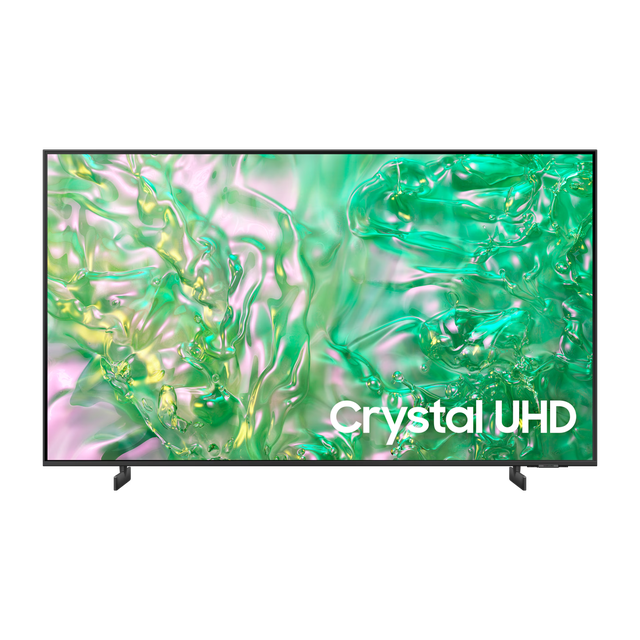 pantalla samsung 85 pulgadas crystal uhd 4k un85du8000 samsung pantalla frontal de 85 pulgadas Crystal UHD 4K en gris con bisel delgado y patas de soporte, imagen demo verde-rosa con rótulo 'Crystal UHD' en la esquina inferior derecha; incluye procesador Crystal 4K, ideal para ver películas y a menudo usada para presentaciones en eventos pequeños.