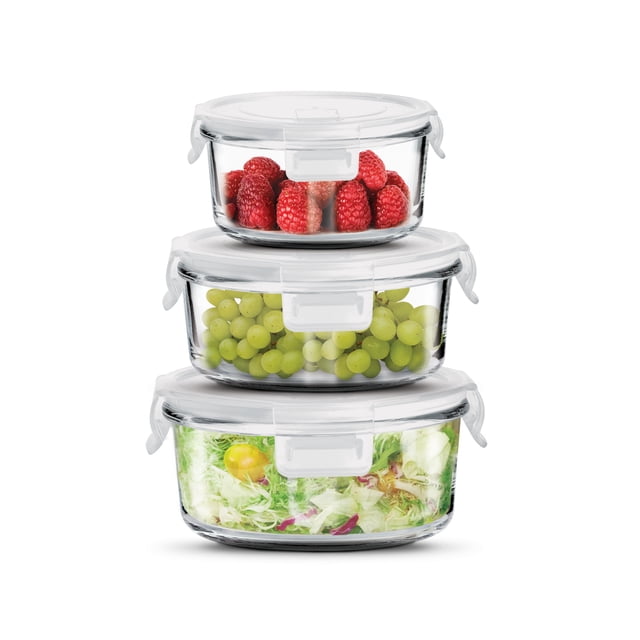 recipientes contenedores herméticos almacenamiento vidrio set 3 piezas redondo VITTORI — tres contenedores redondos de vidrio apilados con tapas blancas, broches laterales y válvula anti‑vapor; aro de silicón removible para fácil lavado; medidas 375 ml (5.5×13 cm), 600 ml (6×15 cm) y 880 ml (7×17 cm); aptos para microondas; también se usan para porcionar alimentos al preparar comidas.