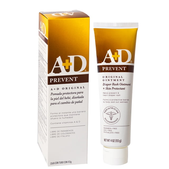 pomada para rozaduras a+d prevent 113 g tubo y caja frontales, vista centrada a 3/4; tubo blanco con franja dorada superior y logo A+D Prevent, texto legible y peso 113 g; caja dorada y blanca con indicaciones, indicada para prevenir rozaduras de pañal y también adecuada para piel reseca o rozaduras por fricción.