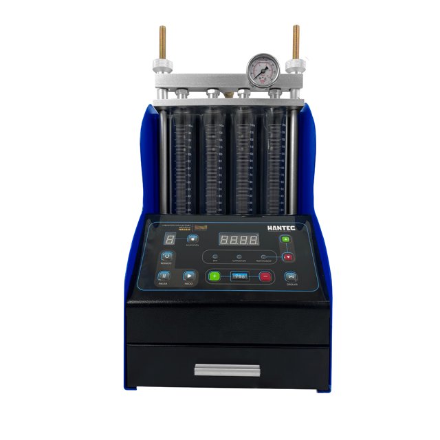 laboratorio 4 inyectores gdi hantec con tina de ultrasonido automotriz H808M, vista frontal centrada: equipo compacto para 4 inyectores GDI 12V con cuatro probetas graduadas verticales, manómetro en la parte superior, panel de control con pantalla y botones y carcasa azul y negra (330 x 345 x 245 mm); diseñado para diagnóstico y limpieza en taller y también apto como estación para pruebas y calibración rápida de inyectores.