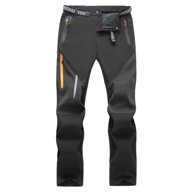 ceisia gift men's winter casual pants - faddish solid patchwork sports zipper pockets trousers pantalones de invierno negros en poliéster con parche y cremallera naranja, vista frontal completa de pantalón largo con corte suelto, cintura elástica con tira tejida, dos bolsillos frontales con cremallera y bolsillo diagonal en muslo izquierdo, paneles texturizados en rodilla y tira reflectante, fondo blanco; también suelen usarse para actividades al aire libre y viajes casuales.
