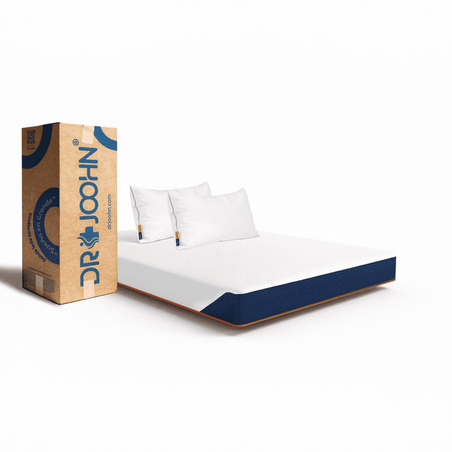 colchón en caja + 2 almohadas nube estándar dr joohn individual basic 18cm altura, foam semi firme para todas las edades, colchón individual 190x100x18 cm blanco compactado al vacío con borde azul marino y ribete naranja, incluye dos almohadas Nube estándar blancas y caja de envío con logo DR JOOHN; funda extraíble de tejido visible y firmeza semi firme; también adecuado como colchón temporal para huéspedes.