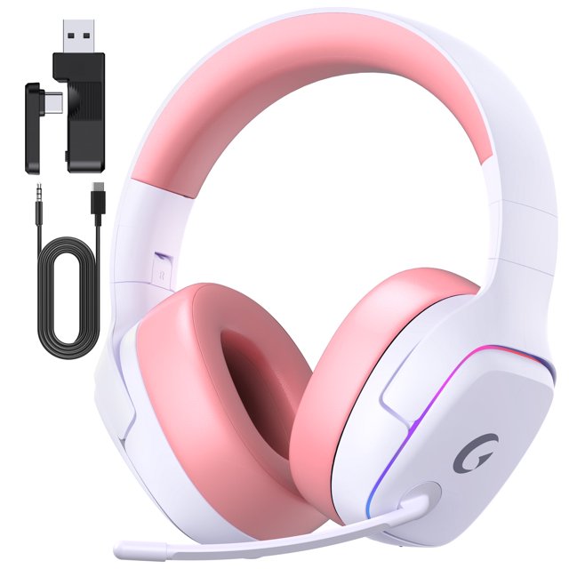 udh 2.4ghz audífonos inalámbricos para juegos para ps5/ps4/pc/switch - audífonos bluetooth 5.3 con micrófono con cancelación de ruido, sonido envolvente 7.1, 70h de duración de batería, luces rgb, pl Vista 3/4 frontal de audífonos gamer UDH en rosa y blanco; diadema acolchada y copas plegables con almohadillas de memory foam, micrófono ajustable con cancelación de ruido y anillo de luces RGB en las orejeras. Accesorios: adaptador USB 2.4GHz y cable USB-C a 3.5mm. Compatible con PS5/PS4/PC/Switch, pensado para sesiones largas; también adecuado para streaming y llamadas casuales.
