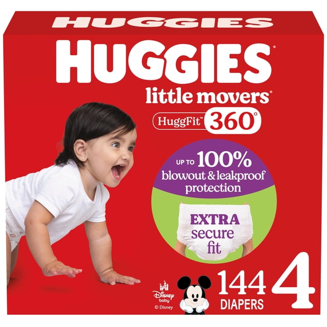 pañales huggies little movers huggfit 360° talla 4 (10-17 kg), caja roja frontal con logo Huggies grande, bebé de rodillas a la izquierda, sello circular que indica protección hasta 100% contra fugas y texto "extra secure fit", icono de Mickey Mouse y marcado "144 pañales" — ideal para cambio de pañales desechables.