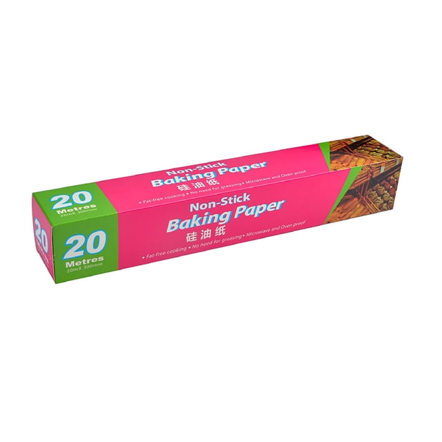 non-stick parchment baking paper sheets for oven baking and bbq, 200g roll, heat resistant and waterproof — Caja rectangular 3/4 con empaque rosa y verde de la marca Slmotuae que indica 20 metres; rollo de papel para hornear antiadherente, resistente al agua y al aceite, apto para bandejas y parrilla; también suele usarse para forrar recipientes al guardar alimentos.