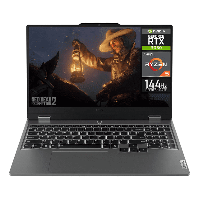 laptop gamer lenovo loq nvidia geforce rtx 3050 amd ryzen 5 7235hs 32gb ddr5 1tb ssd 15.6" full hd 144hz w11 teclado español gaming y edición de video Vista frontal centrada de la Lenovo LOQ negra con pantalla 15.6" Full HD IPS mostrando escena de juego; rótulos en pantalla indican GeForce RTX 3050, Ryzen 5 y 144Hz. Teclado con distribución en español y retroiluminación blanca, teclado numérico, touchpad amplio y bisagras metálicas sobre fondo blanco; también suele usarse para edición de video y multitarea por sus 32GB de RAM y SSD de 1TB.