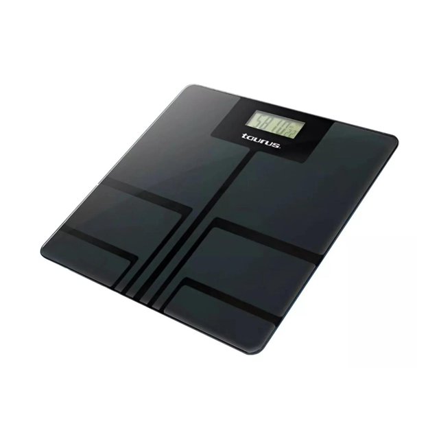 bascula corporal taurus obelix-3000 hasta 130kg negro 1 báscula digital negra, plataforma cuadrada de 34 cm en acero inoxidable y plástico con cuatro electrodos visibles, pantalla LCD superior con dígitos y logo Taurus; para control y monitoreo de peso, también suele usarse para registrar progreso de rutinas de ejercicio.