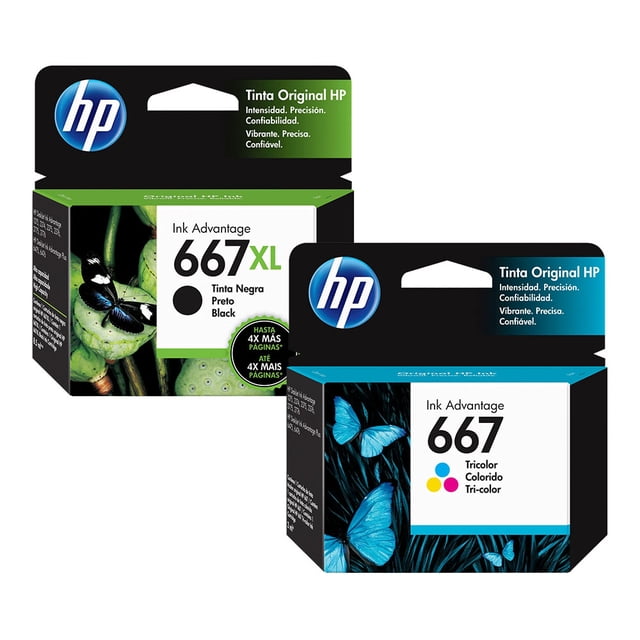 tinta hp 667xl negra original + 667xl tricolor original Dos cajas frontales con cartuchos HP Ink Advantage 667XL: caja negra/verde para tinta negra y caja negra/azul para tricolor; logo HP y la etiqueta "667/667XL" visibles; compatibles con las series DeskJet Ink Advantage indicadas y suelen usarse para imprimir tareas escolares o documentos de oficina en casa.