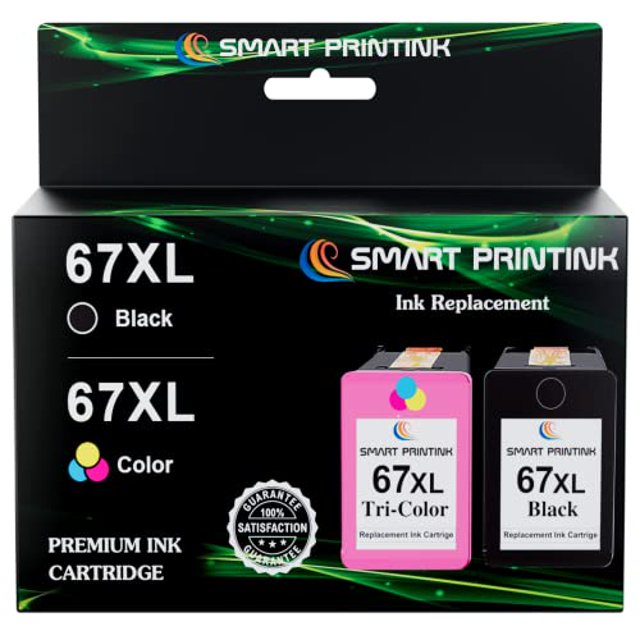cartucho de tinta smart printink 67xl de repuesto para hp 67 xl Caja frontal centrada en empaque negro con logo Smart Printink y grandes caracteres “67XL”, muestra iconos y texto “Black” y “Color” junto a gráficos de dos cartuchos (negro y tricolor); indicado para series DeskJet y Envy según especificación, fondo blanco.