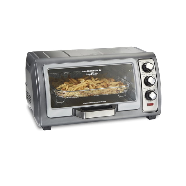 hamilton beach 31523 freidora de aire sure-crisp horno tostador con puerta de fácil alcance, acero inoxidable — Horno tostador de frente en acero inoxidable con puerta Easy Reach cerrada y vidrio que muestra una canastilla con papas fritas; panel derecho con tres perillas para función, temperatura y tiempo, bandeja y rejilla interiores visibles; diseñado para hornear, asar, tostar y freír sin aceite; también suele usarse para recalentar porciones pequeñas.