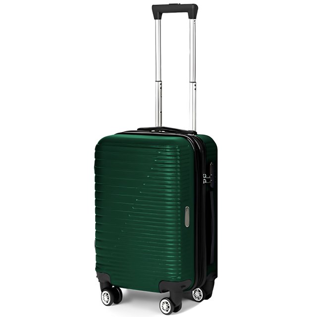 maleta de 20 pulgadas de viaje shendy vendy con candado de seguridad y mango ajustable verde, vista frontal 3/4 con barra telescópica extendida; carcasa texturizada rígida con franjas horizontales, doble ruedas giratorias 360°, doble cierre lateral con candado integrado, asas superior y lateral, apertura de 180° con doble compartimiento y forro de poliéster; suele usarse también como equipaje compacto para viajes cortos o almacenaje organizado en viajes de fin de semana.