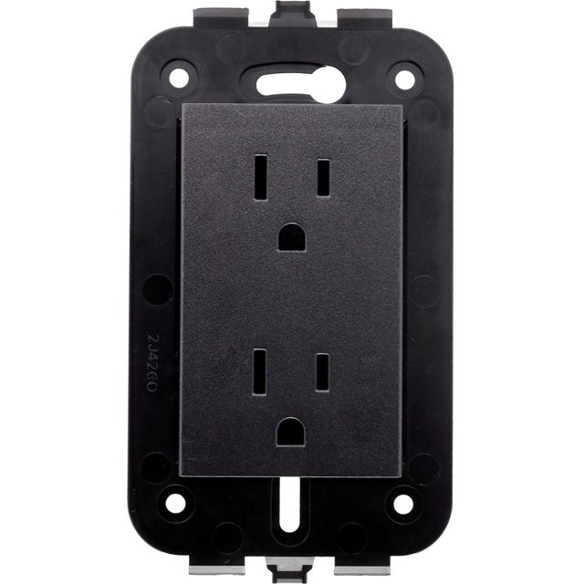 contacto duplex leviton grafito sin placa 125-250v contacto dúplex mate color grafito, vista frontal centrada de dos tomacorrientes con tierra en cuerpo plástico resistente, dimensiones 11.7 x 6.5 x 2.9 cm; para interiores como recámaras y salas, opera 125–250 V y 15 A, incluye manual y 2 tornillos; también es adecuado para montar regletas discretas en áreas de trabajo.
