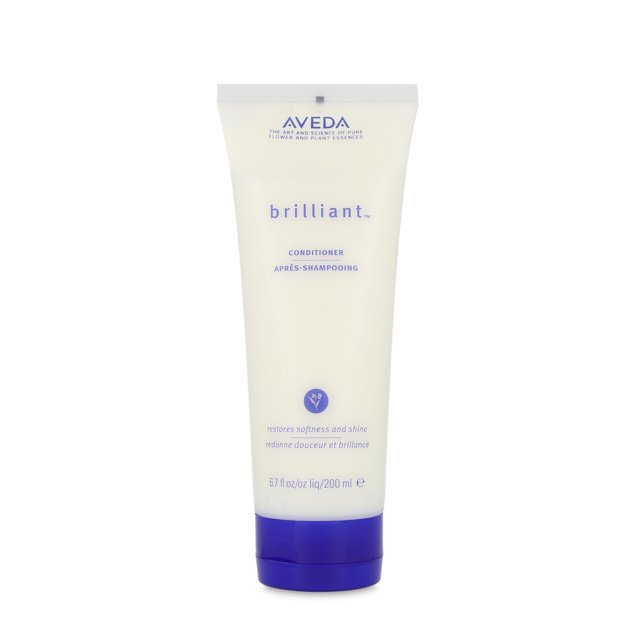 acondicionador aveda -brilliant conditioner tubo frontal de 200 ml, envase blanco con tapa azul y texto azul 'brilliant' y 'conditioner', etiqueta que indica desenreda, restaura suavidad y brillo; fondo blanco limpio; a menudo usado como opción de regalo por su tamaño compacto.