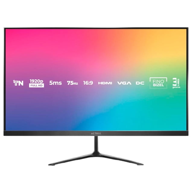 monitor gamer 27 acteck captive vivid sp270 5ms 75hz fhd tn led vga hdmi ac-935845 negro, vista frontal centrada de 27" con marco fino y base en Y, pantalla Full HD 1920 x 1080 que muestra un degradado de colores; bisel inferior con logo Acteck y marcas de 5 ms, 75 Hz, HDMI y VGA; también apto para trabajo de oficina y entretenimiento.