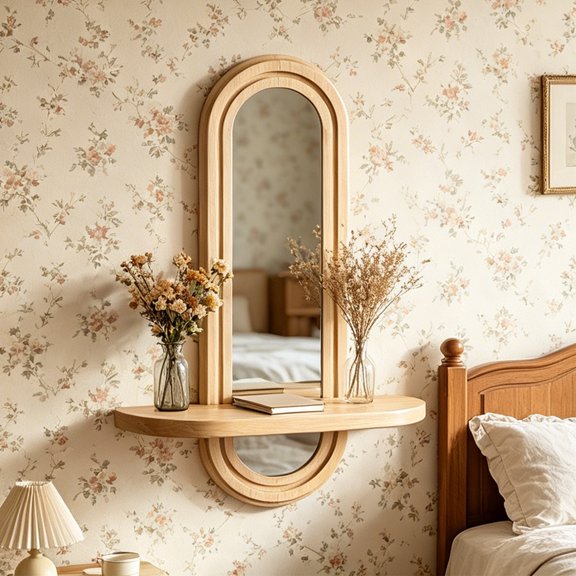 MTBLYS Espejo de pared de madera natural con estante|Espejo de pared con marco arqueado de doble capa y estante de almacenamiento para la entrada|dormitorio|baño y pasillo